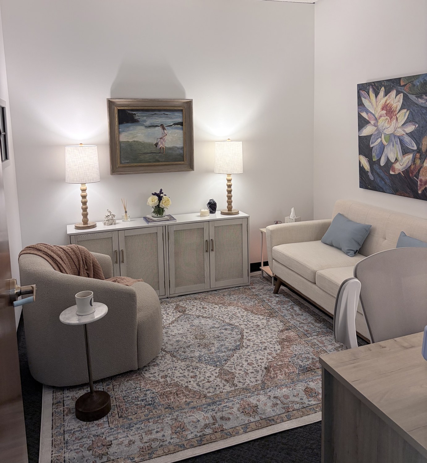 Courtney Glenn's therapy office in Decatur, GA — a warm, comfortable space